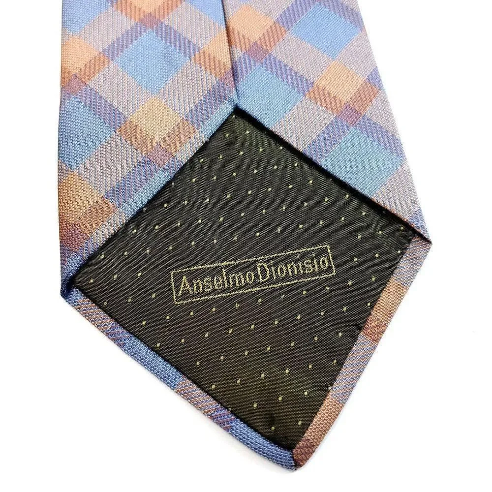 Anselmo Dionisio Orange‎ Blue Plaid Woven Wide Silk Tie